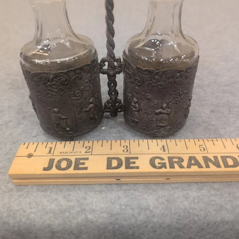 Vintage Dutch Windmill‎ Cruet Set Glass Bottles Ornate Metal Caddy Village Scene